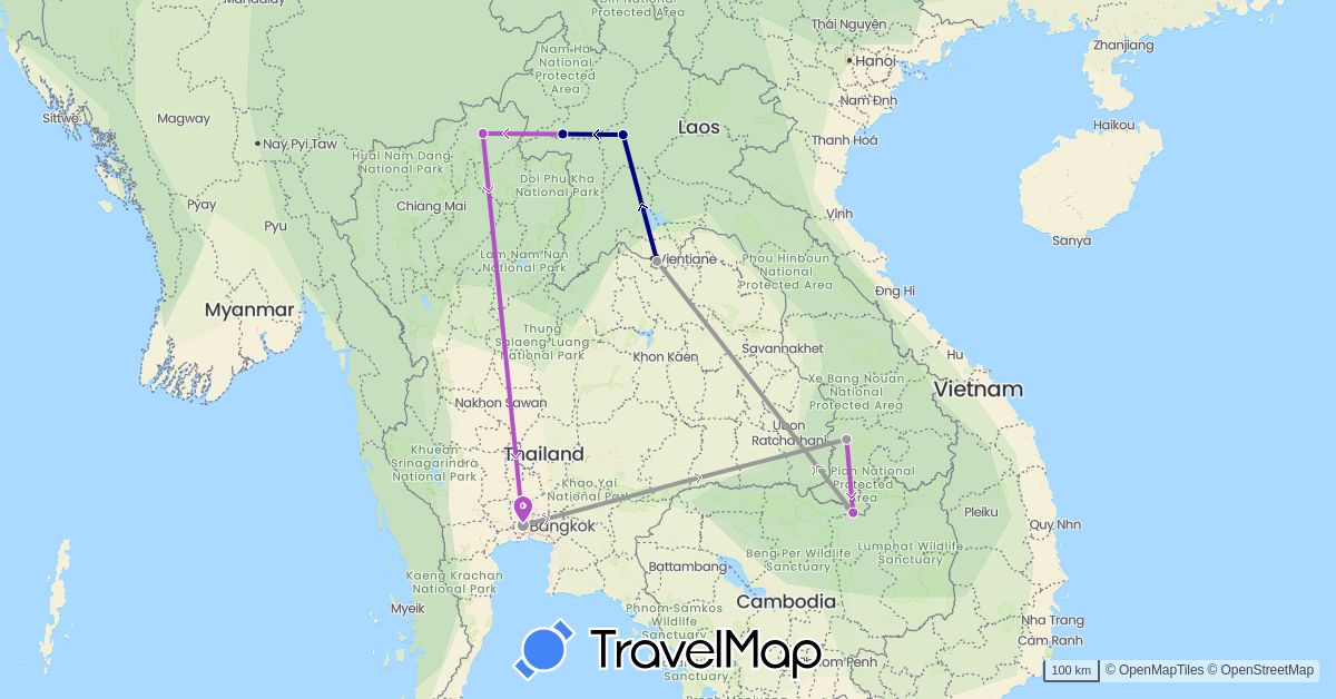 TravelMap itinerary: driving, plane, train in Laos, Thailand (Asia)